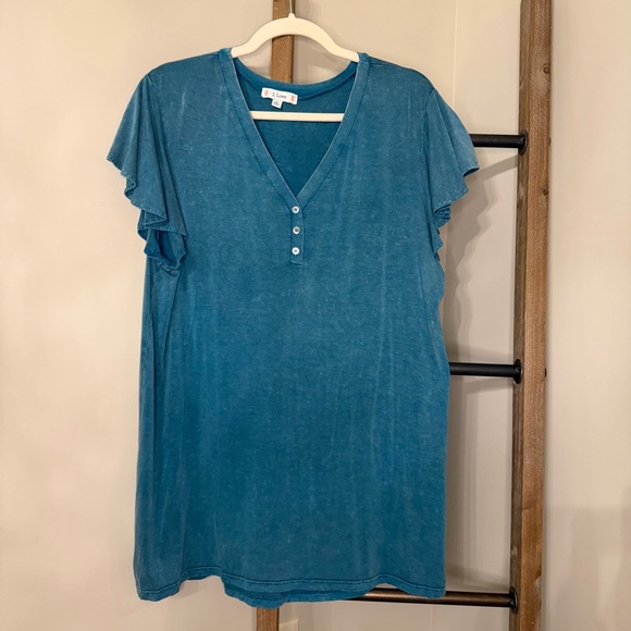 Love Tops - L Love Teal Mineral Wash Ruffle Sleeve Henley Top - Size 1XL